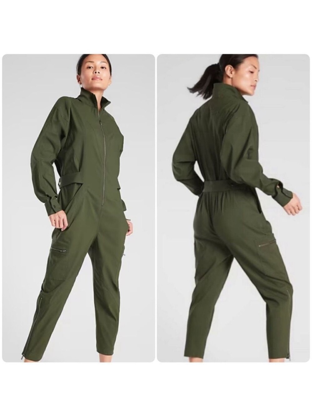 Athleta • Lenox Olive Green Utility Jumpsuit Size 16 Zip Front One Piece Womens